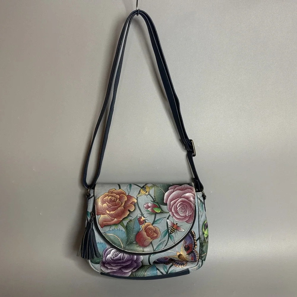 Anuschka Hand Painted‎ Floral Butterfly Leather Shoulder Bag Blue Bug Insect